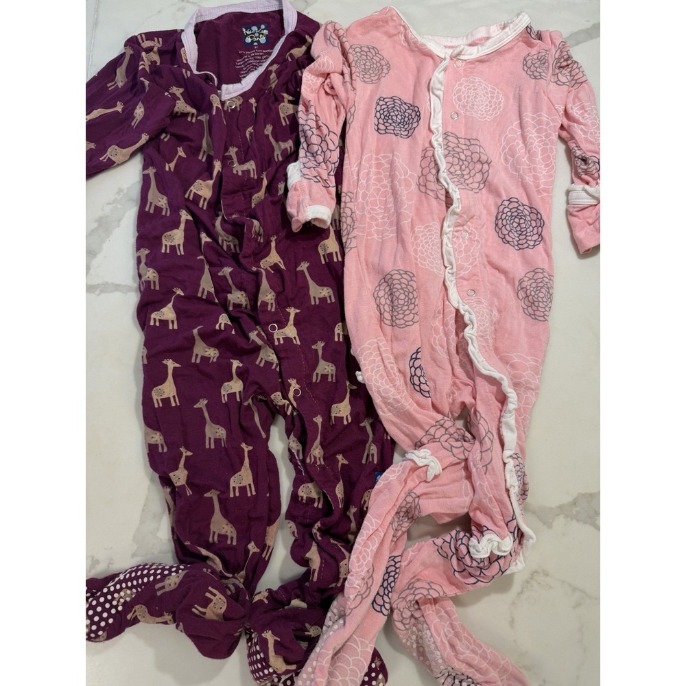 Kickee Pants Lot Of 2 Girl Bamboo Footies Sz 18-24 Mos/2T Ruffle Giraffe Floral